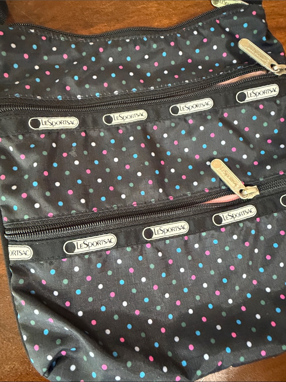 Lesportsac Black Crossbody Messenger with Pink and Teal Polka Dots - Picture 2 of 2